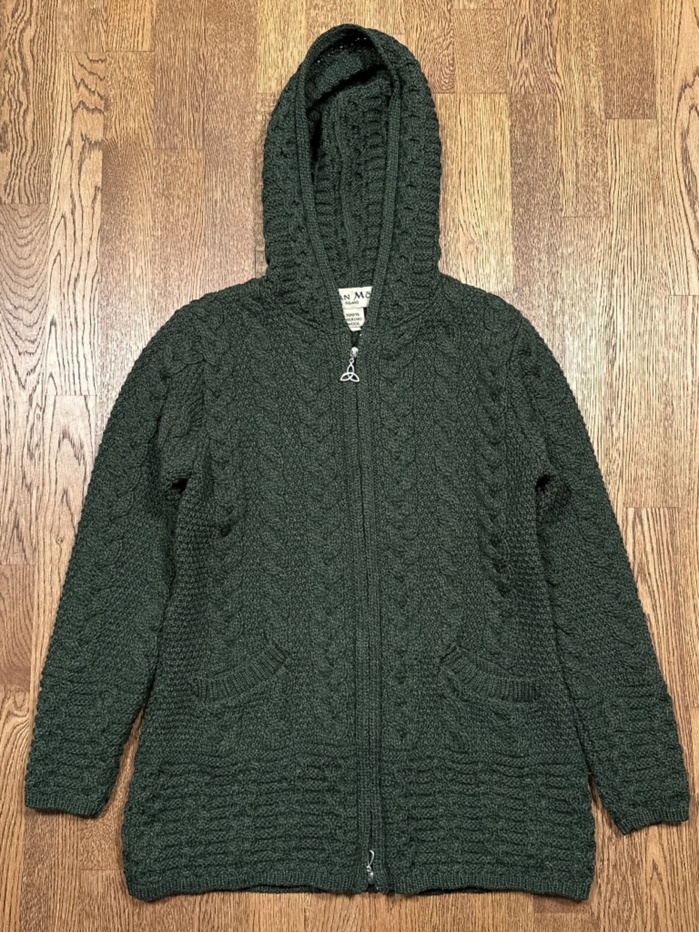 Aran Mor Merino Wool Cable Thick Knit Full Zip Hooded Cardigan Sweater Womens S
